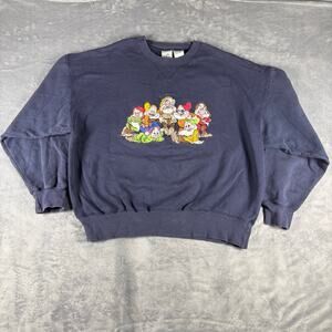 Vintage 90s Disney Store Seven Dwarfs Embroidered Crewneck Navy Blue Sz L